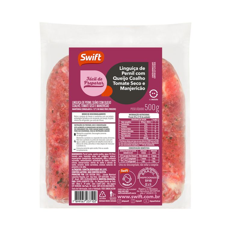 LINGUIÇA DE PERNIL COM QUEIJO COALHO TOMATE SECO E MANJERICÃO 500G
